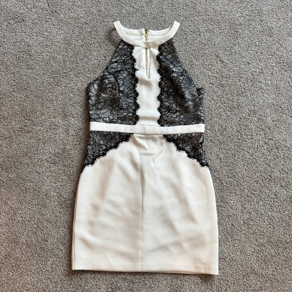 Guess Dress, white with black lace overlay, L, EUC, back zip closure, Halter - Picture 2 of 13
